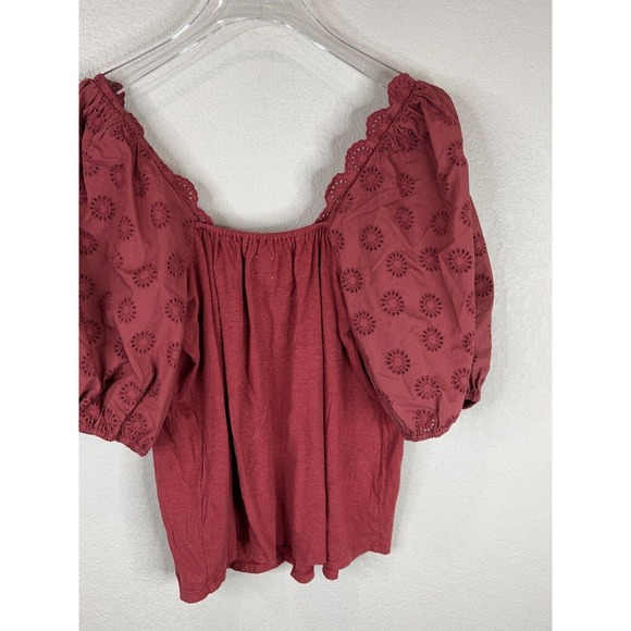 La Vie Rebecca Taylor Womens Blouse Top Small Red Eyelet Puff Sleeve Boho Retro - Picture 11 of 14